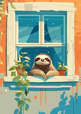 Sloth in Window with Plants