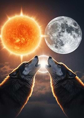Wolves Howling at Sun and Moon
