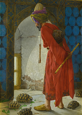 Orientalist painting of a man with turtles