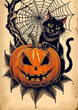 Halloween Cat with Pumpkin and Spiderweb