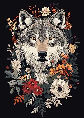 Wolf Portrait with Floral Arrangement