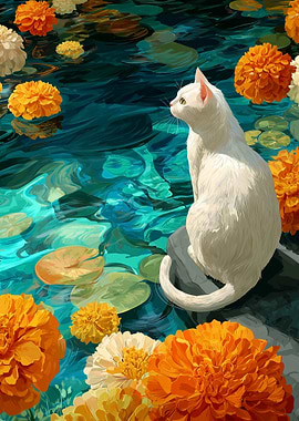 White Cat in Floral Pond