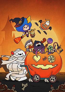 Halloween Cartoon Characters and Pumpkin