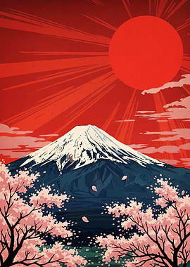 Mount Fuji Cherry Blossoms Red Sun
