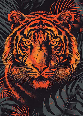 Fierce tiger vector portrait with jungle backdrop