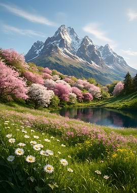 Mountain Lake with Cherry Blossoms