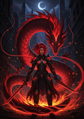 Warrior with Red Dragon in Cityscape