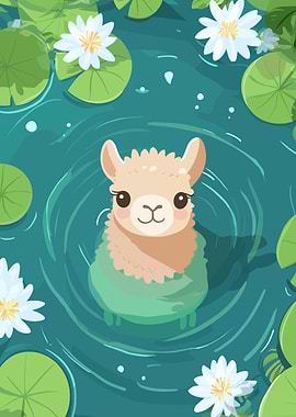 Cute Llama in a Lily Pond