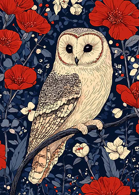 Owl Perched Among Red Flowers