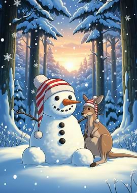 Snowman and Kangaroo Winter Scene