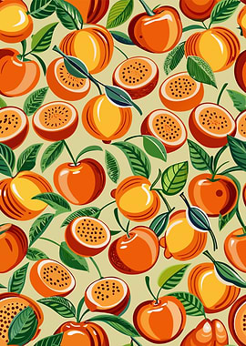 Vibrant Fruit Pattern with Oranges and Passionfruit