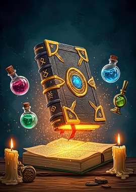 Magic Book with Potions and Candles