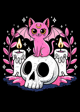 Pink Witch Cat on Skull with Candles. Halloween Magic