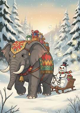 Elephant and Snowman Winter Holiday Scene