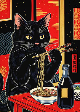 Black Cat Eating Ramen with Chopsticks
