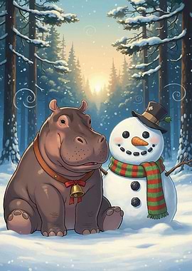 Hippo and Snowman in Winter Forest