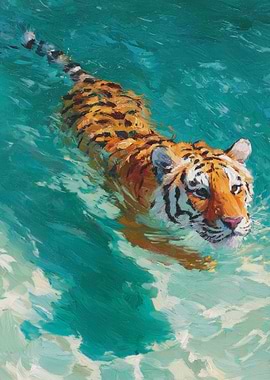 Tiger swimming in turquoise water painting