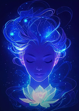 Blue Glowing Woman with Lotus Flower