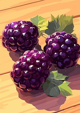 Three Blackberries on Wooden Surface