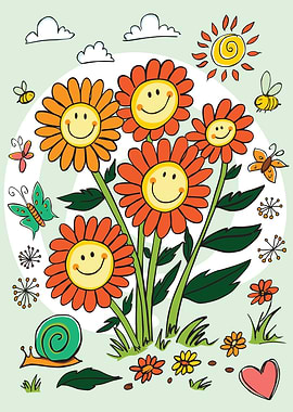 Cartoon Flowers with Smiling Faces