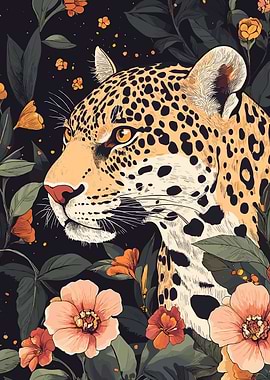 Leopard Portrait with Floral Background