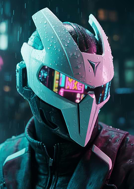 Cyberpunk Helmet in Rainy Cityscape