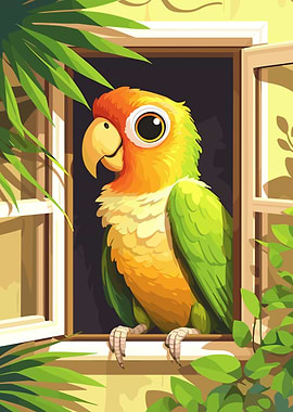 Cartoon Parrot in Window with Plants