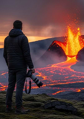 Photographer observes erupting volcano landscape