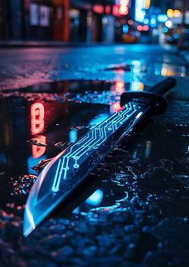 Cyberpunk Sword in Rainy Cityscape