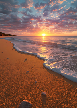 Golden Sunrise Beach – Stunning Ocean Waves and Yellow Sand Morning Scene