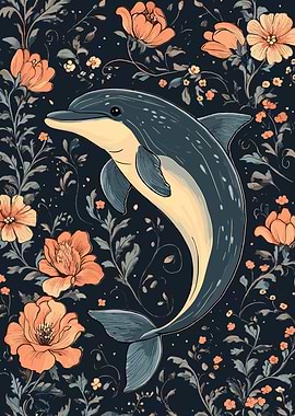 Dolphin in Floral Pattern Illustration