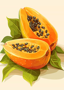 Halved Papaya with Leaves Illustration