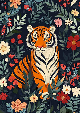 Tiger in Floral Garden Illustration