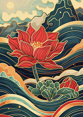 Red Lotus Flower Japanese Art
