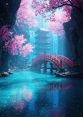 Japanese Pagoda with Cherry Blossoms