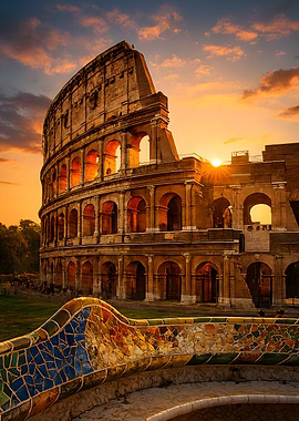 Colosseum at Sunset with Mosaic Bench