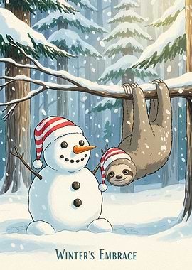 Winter Sloth and Snowman Illustration