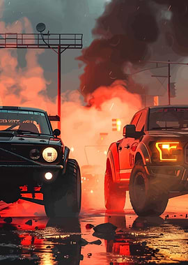 Two Trucks in a Fiery Scene