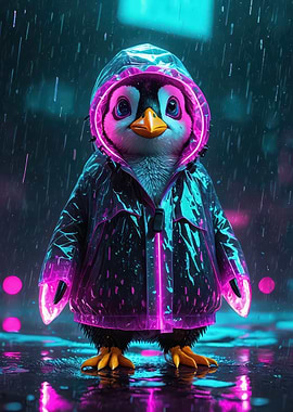 Neon Rain Penguin - Cute Cyberpunk Penguin in Hooded Raincoat