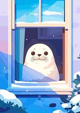 Cute Seal in Winter Window Scene