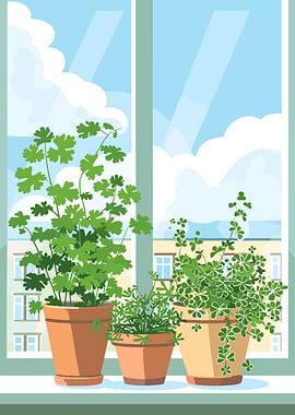 Potted Plants on Windowsill Illustration