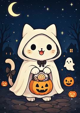 Cute Halloween Cat in Ghost Costume