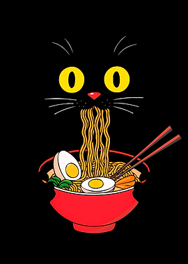 Black Cat Eating Ramen Illustration