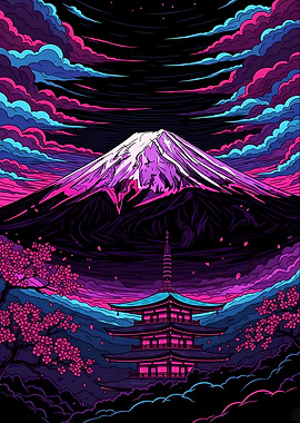 Japanese Aesthetics – Neon Mount Fuji and Pagoda