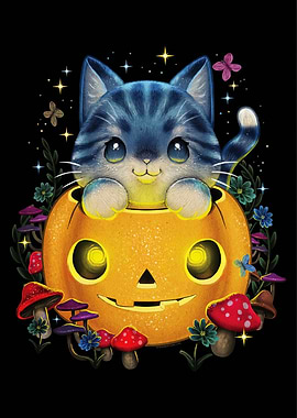 Cute Cat in Pumpkin Halloween Art