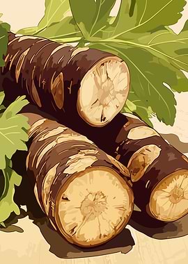 Fresh Burdock Roots with Green Leaves