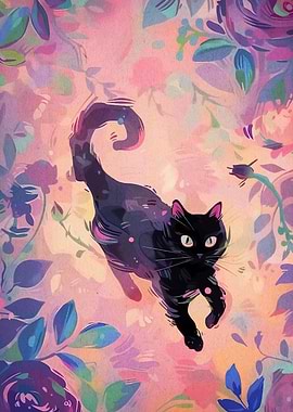 Black Cat in Floral Fantasy