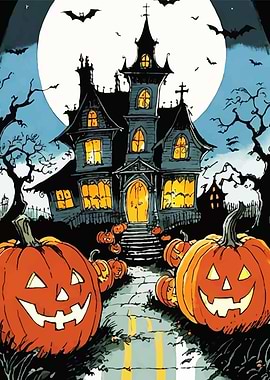 Spooky Halloween Haunted House with Pumpkins