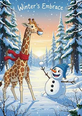 Winter's Embrace: Giraffe and Snowman