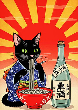 Cat in Kimono Eating Noodles Art